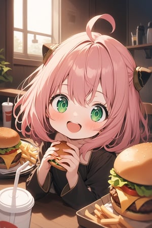 score_9, score_8_up, score_7_up, score_6_up, rating_explicit, masterpiece, best quality, beautiful lighting, 
BREAK
spy x family, anya forger, 1girl, solo,  pink hair, bangs, ahoge, green eyes, hair between eyes, cute, tiny, child, hairpods, dress, black dress, 
indoor, sitting, cup, disposable cup, drinking straw, burger, french fries, food, tray, looking at viewer, joyful, happy smile, blush, open mouth, ,score_9_up,spy x family