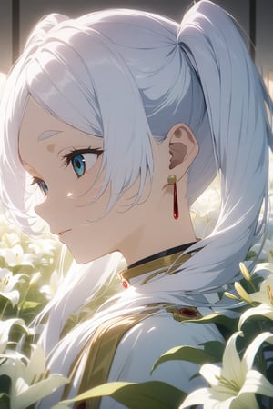 score_9, score_8_up, score_7_up, score_6_up, masterpiece, best quality, highres, absurdres, beautiful lighting, natural light, soft lighting,
1girl, frieren, flowing hair, (portrait, anime, white hair, twin tails, serene, field of flowers, lilies)