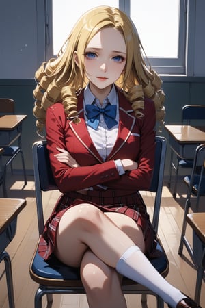 score_9, score_8_up, score_7_up, score_6_up, masterpiece, best quality, ultra-detailed, highres, absurdres, 
1girl, solo, solution epsilon \(overlord\), drill hair, blonde hair, blue eyes, large breats
school uniform, blazer, red blazer, shirt, white shirt, collared shirt, skirt, red skirt, bow, bowtie, blue bowtie, white socks, shoes, loafer shoes, 
school classroom, indoors, 
sitting on chair, crossed arms, crossed legs, light smile, looking up at viewer, holding folding fan, female focus, 