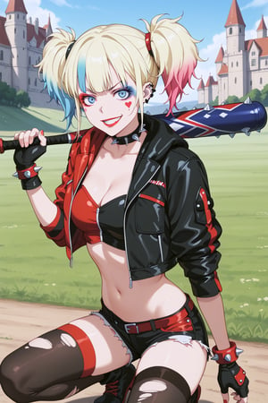 score_9, score_8_up, score_7_up, score_6_up, source_anime, 
1girl, solo, harley quinn, bangs, blue eyes, blonde hair, twintails, blue hair, multicolored hair, choker, gradient hair, makeup, piercing, pink hair, lips, lipstick, red lips, cleavage, midriff, navel, 
jacket, cropped jacket, multicolored jacket, black jacket, open jacket, open clothes, crop top, shorts, micro shorts, short shorts, collar, spiked collar, gloves, black gloves, fingerless gloves, spikes, spiked bracelet, thighhighs, black thighhighs, jewelry, bracelet, torn clothes, tattoo, chain, 
field, medieval castle,, outdoors, 
crouching, looking at viewer, cowboy shot, dutch angle, holding baseball bat, grin, 