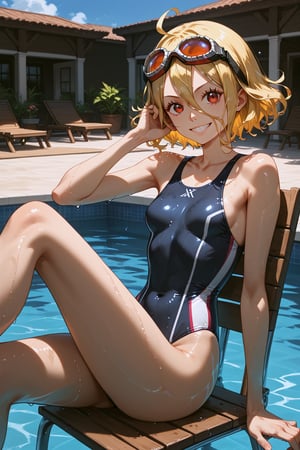 score_9, score_8_up, score_7_up, score_6_up, masterpiece, best quality, ultra-detailed, highres, absurdres, 
1girl, solo, Evileye \(overlord\), blonde hair, hair between eyes, red eyes, small breasts,
swinsuit, navy swim suit, one piece swimsuit, head on underwater goggles, 
Outdoor swimming pool, 
sittingon chair, crossed legs, light smile, looking at viewer, female focus, hand on goggles, wet skin, wet clothes, 