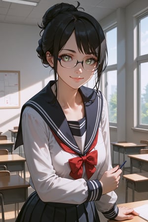 score_9, score_8_up, score_7_up, score_6_up, masterpiece, best quality, ultra-detailed, highres, absurdres, 
1girl, solo, Yuri Alpha \(overlord\), black hair, hair bun, single hair bun, grey eyes, glasses, 
school sailor uniform, serafuku, bowtie, red bowtie, skirts, pleated skirts, 
school, classroom, indoors, 
standing,hand on glasses, light smile, looking at viewer, upper body, 