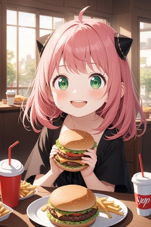 score_9, score_8_up, score_7_up, score_6_up, rating_explicit, masterpiece, best quality, beautiful lighting, 
BREAK
spy x family, anya forger, 1girl, solo,  pink hair, bangs, ahoge, green eyes, hair between eyes, cute, tiny, child, hairpods, dress, black dress, 
indoor, sitting, cup, disposable cup, drinking straw, burger, french fries, food, tray, looking at viewer, joyful, happy smile, blush, open mouth, ,score_9_up,spy x family