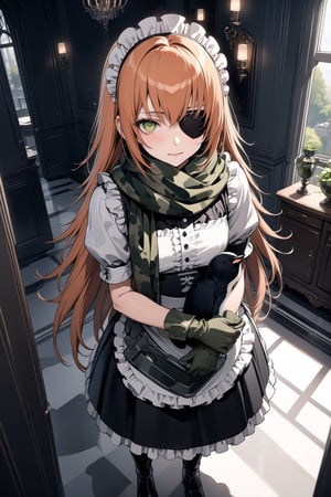 score_9, score_8_up, score_7_up, score_6_up, rating_explicit, masterpiece, best quality, beautiful lighting, 
1girl, solo, cz2128_delta \(overlord\), long hair, orange hair, green eyes, eyepatch,
maid, dress, maid headdress, camouflage, green scarf, gloves, boots, 
luxury mansion, dining room, indoor, 
(holding penguin:1.3), light smile, looking at viewer, from above, 