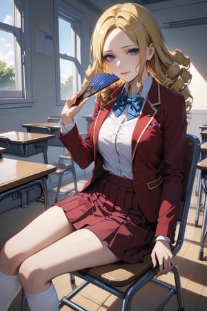 score_9, score_8_up, score_7_up, score_6_up, masterpiece, best quality, ultra-detailed, highres, absurdres, 
1girl, solo, solution epsilon \(overlord\), drill hair, blonde hair, blue eyes, large breats
school uniform, blazer, red blazer, shirt, white shirt, collared shirt, skirt, red skirt, bow, bowtie, blue bowtie, white socks, shoes, loafer shoes, 
school classroom, indoors, 
sitting on chair, light smile, looking at viewer, holding folding fan, female focus, 