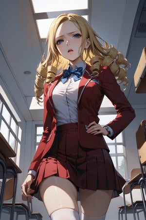 score_9, score_8_up, score_7_up, score_6_up, masterpiece, best quality, ultra-detailed, highres, absurdres, 
1girl, solo, solution epsilon \(overlord\), drill hair, blonde hair, blue eyes, large breats, frown, 
school uniform, blazer, red blazer, shirt, white shirt, collared shirt, skirt, red skirt, bow, bowtie, blue bowtie, white socks, shoes, loafer shoes, 
school classroom, indoors, 
standing, open mouth, looking down at viewer, one hand pointing at viewer, one hand on own hip, female focus, from below, 