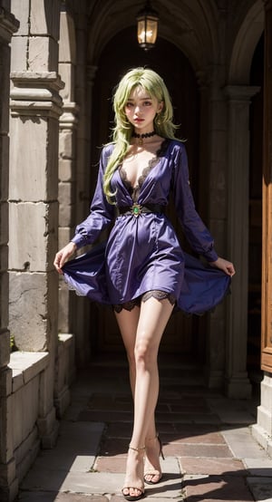 light green hair, dress, full height, cute girl, long princess dress, a magnificent outfit, silk dress, purple dress, stockings, inside house, ancient palace, the collar, dynamic pose, medieval ball gown, white hair, thin body, high-heeled shoes, small breasts, fantastic hair, long hair fluttering in the wind, Best Quality, Girl, medieval shirt, realistic face, the hall of the mansion, a laboratory, Long Hair, Bright Magical aura around the girl, Gems on hands, 2K Quality, Vivid colors, Vivid colors, (Saturation: 1.2), jolynejojo, cloack, purple clothes, belts, raincoat, loose hair