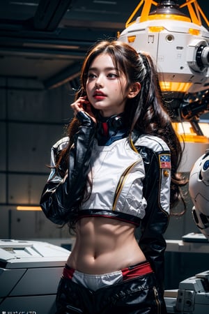 cosmic, Futuristic Tight Clothing, In the spaceship room, astronaut, long beautiful hair, masterpiece, best quality, crop top; jacket over, photorealistic, 8k raw photo,  beautifull face, looking up, blurry_light_background, perfect hand,Detailedface,MFBP1,Yuki Mori ,mecha musume