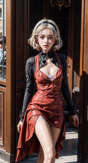 (((kiernan shipka))), (((sabina spellman))), chilling adventures of sabrina, girl witch standin in the room, dress, full height, victorian dark academia outfit, red dress, black headband, stockings with suspenders, the white collar, dynamic pose, white hair, thin body, small breasts, fantastic hair, short hair fluttering in the wind, Best Quality,  realistic face, the hall of the mansion, Bright Magical aura around the girl, 2K Quality, Vivid colors, Vivid colors, (Saturation: 1.2), jolynejojo, cloack, loose hair,dark academia