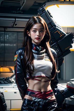 cosmic, Futuristic Tight Clothing, In the spaceship room, astronaut, long beautiful hair, masterpiece, best quality, crop top; jacket over, photorealistic, 8k raw photo,  beautifull face, looking up, blurry_light_background, perfect hand,Detailedface,MFBP1,Yuki Mori ,mecha musume
