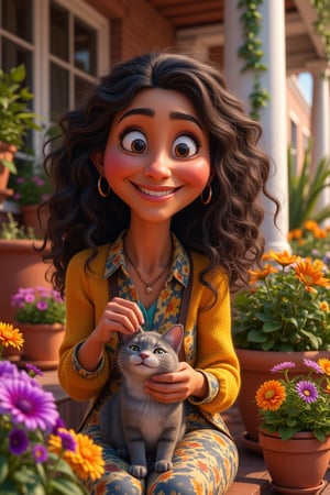  A caricature of a  older darker skin lady, with long brown curly hair, is sitting on her front porch, surrounded by lovely pots of lovely bright flowers, beside her is her beautiful grey fluffy cat looking happy and content playing with its little stuffed mouse