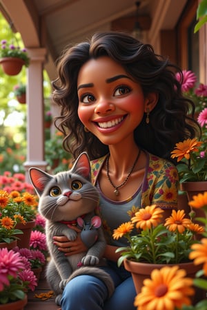  A caricature of a  older darker skin lady, with long brown curly hair, is sitting on her front porch, surrounded by lovely pots of lovely bright flowers, beside her is her beautiful grey fluffy cat looking happy and content playing with its little stuffed mouse