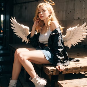 cinematic quality, photo realistic, 8k, battle angel, blonde hair, long hair, single halo, ((very big wings)), feathers, casual clothes, jacket off shoulder, boots, lake, correct face