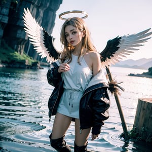 black angel, blonde hair, long hair, halo, big wings, feathers, casual clothes, jacket off shoulder, boots, lake