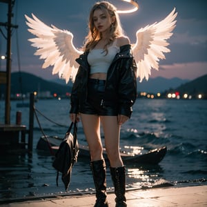 cinematic quality, photo realistic, 8k, angel, blonde hair, long hair, single halo, ((very big wings)), feathers, casual clothes, jacket off shoulder, boots, lake