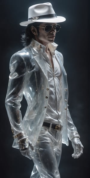 Glass made ultra Detailed translucent Michael Jackson,wearing White jacket,White hat,
dancing Michael Jackson ,in LIVE STAGE,

,cyberpunk style,cyberpunk