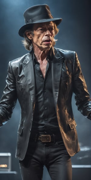 Glass made ultra Detailed translucent, Mick Jagger wearing black jacket, black hat,
dancing  Mick Jagger, in LIVE STAGE,

,cyberpunk style,cyberpunk