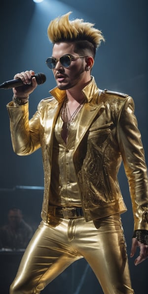 Glass made ultra Detailed translucent, Adam Lambert  wearing gold jacket, gold hat,
dancing  Adam Lambert, in LIVE STAGE,

,cyberpunk style,cyberpunk