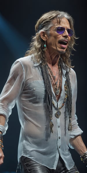 Glass made ultra Detailed translucent,  Steven Tyler wearing a shirt, haed band and beads in his hair, scarves, 
dancing, Steven Tyler LIVE STAGE,

,cyberpunk style,cyberpunk