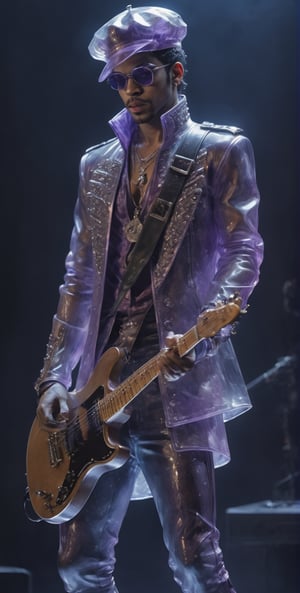 Glass made ultra Detailed translucent,   Prince wearing a Purpal  jacket, studded hat,
dancing  Prince, in LIVE STAGE, playing guitar,

,cyberpunk style,cyberpunk