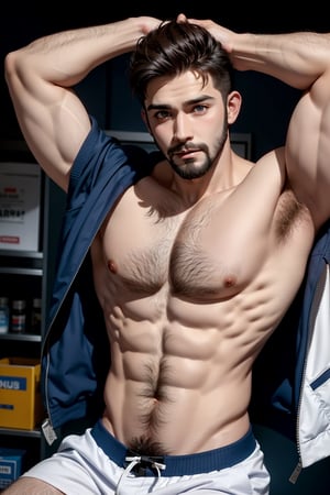 abs, male focus, muscular, muscular male, pectorals, bara, facial hair, large pectorals, chest hair, thighs, navel hair, pubic hair, thick thighs, nipples, body hair,  hairy, stomach, stubble, solo, 1boy, 18 yrs old, teenage, Young, boy, short hair, navel, veins, sideburns, biceps, beard, feet out of frame,  armpit hair, happy sex, long sideburns, foreskin, bare pectorals, very short hair, blue eyes, open_clothes, white baseball_jacket , locker_room