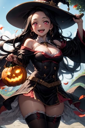 (masterpiece), best quality, expressive pink eyes, perfect face, Female soldiers in witch hat  and pumpkin lantern, dynamic angle, dynamic pose, close-up, Fine dust reflected in light, light particles, lens flare, smile, fun, Healthy smile, Smiling with shame, better hands, holding_broomsticks, earings_bat,fangs, ,nezuko, 