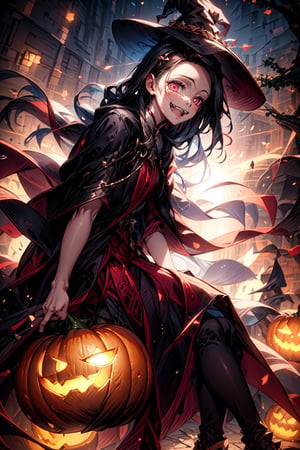 (masterpiece), best quality, expressive pink eyes, perfect face, male soldiers in witch hat  and pumpkin lantern, dynamic angle, dynamic pose, close-up, Fine dust reflected in light, light particles, lens flare,  fun, Healthy smile, Smiling with shame, better hands, dead tree, swing hanging in tree  ,fangs, multicolored_hair,nezuko sitting in swing