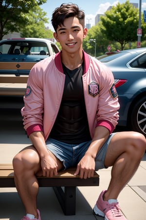 (masterpiece, best quality ), 1man, muscular, short hair, brown eyes, intricate, (bench) (parking lot), full body, open pink baseball jacket, vivid colors,(depth of field:1.2),(abs),blush, looking at viewer, sitting on floor, spread legs, leaking, dripping, dominance smile, 