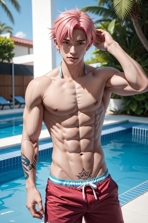  bleach style,Hot teenage boy, long torso, eight pack, ripped abs, defined pecs, bikini swimwear, skimpy briefs, big bulge, cute face, swimming pool, sunny, handsome , SAKUNA, PINK HAIR, TATOO_RYOUMEN, TATOO_ON_HIS_FACE, SAKUNA_JUJUTSU_KAIZEN