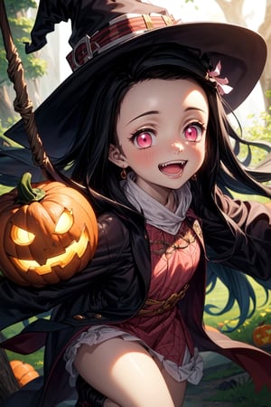 (masterpiece), best quality, expressive pink eyes, perfect face, male soldiers in witch hat  and pumpkin lantern, dynamic angle, dynamic pose, close-up, Fine dust reflected in light, light particles, lens flare,  fun, Healthy smile, Smiling with shame, better hands, dead tree, swing hanging in deadtree  ,fangs, multicolored_hair,nezuko magic wand, guweiz style, broomstick