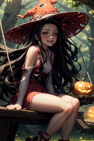 (masterpiece), best quality, expressive pink eyes, perfect face, male soldiers in witch hat  and pumpkin lantern, dynamic angle, dynamic pose, close-up, Fine dust reflected in light, light particles, lens flare,  fun, Healthy smile, Smiling with shame, better hands, dead tree, swing hanging in tree  ,fangs, multicolored_hair,nezuko sitting in swing,guweiz style