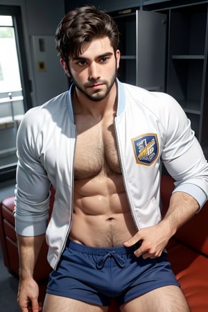 abs, male focus, muscular, muscular male, pectorals, facial hair, large pectorals, chest hair, thighs, navel hair, pubic hair, thick thighs, nipples, body hair,  hairy, stomach, stubble, solo, 1boy, (15 yrs old), (teenage), Young, boy, short hair, navel, veins, sideburns, biceps, beard, feet out of frame,  happy sex, long sideburns, foreskin, bare pectorals, very short hair, blue eyes, open_clothes, (white baseball_jacket), locker_room, boxerbriefs 