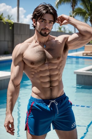 abs, male focus, muscular, muscular male, pectorals, bara, facial hair, large pectorals, chest hair, thighs, navel hair, pubic hair, thick thighs, nipples, body hair,  hairy, stomach, stubble, solo, 1boy, mature male, short hair, navel, veins, sideburns, biceps, beard, feet out of frame,  armpit hair, happy sex, long sideburns, foreskin, bare pectorals, very short hair, blue eyes, swimming shorts, (One hand holding neck) turned back post