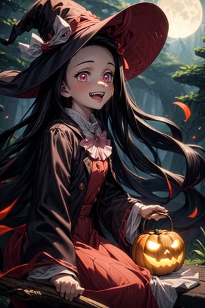 (masterpiece), best quality, expressive pink eyes, perfect face, male soldiers in witch hat  and pumpkin lantern, dynamic angle, dynamic pose, close-up, Fine dust reflected in light, light particles, lens flare,  fun, Healthy smile, Smiling with shame, better hands, dead tree, deadtree ,fangs, bid moon in background, multicolored_hair,nezuko magic wand, guweizstyle,, flying broomstick, sitting in broomstick , 