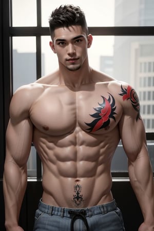 (masterpiece), best quality, expressive eyes, perfect face masterpiece, best quality, Sakuragi, 1boy, male focus, looking at the viewer, muscular, muscular male, big muscles, bara, shirtless, standing, cool ,  male body, male chest, nipples, hot boy, handsome, gym, work_out, warm atmosphere, (dominance smile,) (red spike hair,) (skinhead,)  wearing sando ((tattoo on his chest)) 