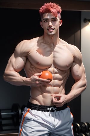 (masterpiece), best quality, expressive eyes, perfect face masterpiece, best quality, Sakuragi, 1boy, male focus, looking at the viewer, muscular, muscular male, big muscles, bara, shirtless, standing, cool ,  male body, male chest, nipples, hot boy, handsome, gym, dumbbell, warm atmosphere, orange, (dominance smile,)pink hair