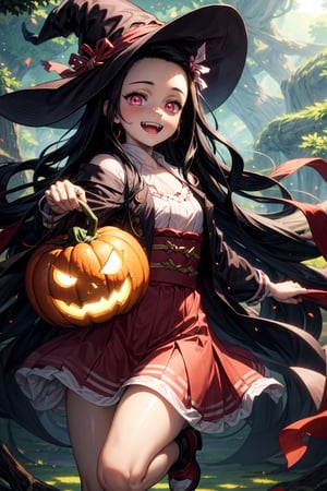 (masterpiece), best quality, expressive pink eyes, perfect face, male soldiers in witch hat  and pumpkin lantern, dynamic angle, dynamic pose, close-up, Fine dust reflected in light, light particles, lens flare,  fun, Healthy smile, Smiling with shame, better hands, dead tree, swing hanging in deadtree  ,fangs, multicolored_hair,nezuko magic wand, guweiz style, ,Circle