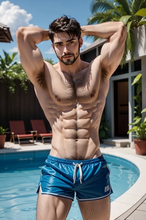 abs, male focus, muscular, muscular male, pectorals, bara, facial hair, large pectorals, chest hair, thighs, navel hair, pubic hair, thick thighs, nipples, body hair,  hairy, stomach, stubble, solo, 1boy, mature male, short hair, navel, veins, sideburns, biceps, beard, feet out of frame,  armpit hair, happy sex, long sideburns, foreskin, bare pectorals, very short hair, blue eyes, swimming shorts, b
Gold hair