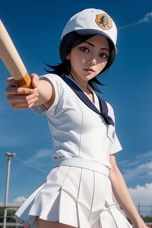 high resolution,  high quality, high detailed, high definition, (snow flakes in finger tips), (((rukia kuchiki))) dominance smiling , (((sukimizu))), schoolgirl, school, (medium_breasts), full_body, ((school_uniforms)), (school_girl), baseball_cap, bat_(baseball), baseball, baseball_bat, pokeballs, baseball_pose, ((((school_uniforms))))