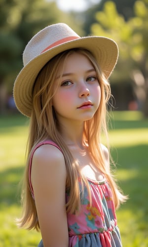 Portrait of a Pretty young girl (Half body), 11 years old, slim, cute face, tween, thin, long blond_hair, wearing cute little colorful dress, shy smile, closed eyes, chin up, head up, style hat, some freckles on the face, side view, from below, sunny day, at the park, deep background, Extremely Realistic, scenery