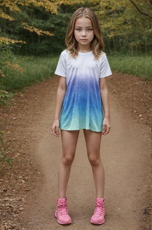 Full-body view of a beautiful-eyed, tween girl with a well-formed hot body, 100 times prettier tween girl. Hot childish outdoor unique one-of-a-kind style Fashion wear. Simple background, plenty of skin on show, sexy pose. SFW.