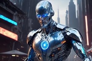 ((Masterpiece), (best quality), (highly detailed)), An evil, futuristic, cybernetic android with glowing blue eyes and a third eye on the forehead. It has a metallic body with neon glow on its limbs and chest. One arm is clenched, while the other arm is stretched out. The android hovers on top of a destroyed city on a silver board with neon glow. This scene is inspired by The Silver Surfer. The artwork will be realistic and ultra-realistic in style, with 12K HD resolution. The cityscape is meticulously rendered, showcasing a post-apocalyptic setting.,mecha,robot,cyborg style,cyborg,android