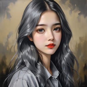 ((masterpiece), (best quality), (highly detailed)), A woman with long hair wearing a gray shirt is the subject of this beautiful painting. The artist has created a realistic and detailed portrayal of a cute girl, showcasing their expertise in 4K digital art. The painting captures the essence of the woman's features, bringing them to life with stunning realism. The use of oil adds to the beauty and richness of the portrait, making it a magnificent and visually captivating piece. This realistic and detailed oil painting is truly a work of art. 