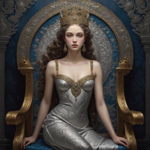 ((masterpiece), (best quality), (highly detailed)), In a chiaroscuro darkened room, a highly detailed digital artwork is created featuring a painting of a beautiful young queen. She is depicted wearing intricate beaded brocade, seated on an elaborate embellished ornate metallic silver throne. The inspiration for this artwork comes from various sources, including Dino Valls, Renaissance art, the sculpture of Hermes, Vittorio Matteo Corcos, album art, and the damask wallpaper background adds to the richness of the scene. The portrait is reminiscent of the beauty and grace of Helen of Troy, and the overall composition draws inspiration from artists such as Jean-Sebastien Rossbach, Louis Royo, Sandro Botticelli, Vargas, and the Pre-Raphaelites.