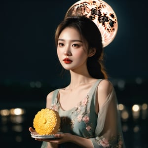((masterpiece), (best quality), (highly detailed)), A stunning 8k RAW photo, capturing the beauty of a solo girl on a serene night. The girl, with a lovely delicate face, is dressed in a floral dress, standing against a night background adorned with an oversized white moon. The photo showcases clear shadows and an absurd level of detail, with the girl gently holding a moon cake in her hand. The depth of field adds an enchanting touch to the composition, FilmGirl,FilmGirl