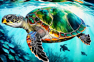 ((masterpiece), (best quality), (highly detailed)), Create a breathtaking ink painting on white paper featuring a mesmerizing scene. Begin with a voluminous and shaded silhouette of a graceful sea turtle as the focal point. Its body should exhibit a magnificent, transparent green hue, seamlessly blending into the surroundings. The surroundings should depict a tropical island, exuding a sense of enchantment and intrigue. The final artwork should embody a fantastic, dark fantasy, cinematic style, reminiscent of a captivating photograph.