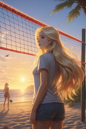 ((Masterpiece), (best quality), (highly detailed)), A cartoon girl with flowing blonde hair stands by the beach near a volleyball net. The scene is rendered in a hyper-realistic style that captures every detail of the breathtaking environment. The sun sets behind her, casting a warm glow over the entire scene. 