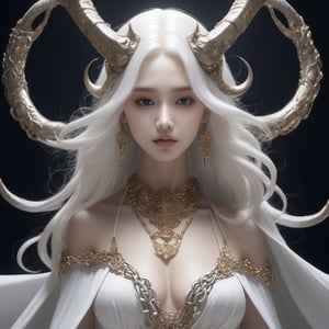 ((Masterpiece), (best quality), (highly detailed)), A mysterious skull-faced creature with menacing horns and a flowing cape stands tall, its eyes glowing with an eerie light. It chains up a delicate girl with long flowing white hair, their contrasting appearances creating a sense of tension. The scene is meticulously rendered, with each chain intricately designed and shadows expertly crafted to add depth and intensity to the image.