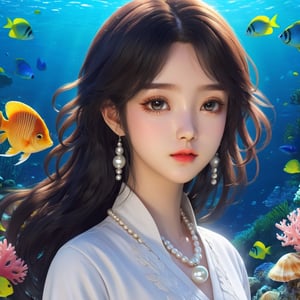 ((masterpiece), (best quality), (highly detailed)), A solo illustration of Miyo, a beautiful and delicate character, with gleaming hair, skin, and clothes. The focus is on her character, captured in a dynamic angle and stylish pose, with strong light coming in and sharp focus. The illustration is rendered in realistic and ultra-detailed 16k resolution, utilizing CGI technology to create a stunning and HD result. Miyo has beautiful and detailed eyes, enhancing her overall appearance. In this artwork, Miyo is depicted in a natural paradise called "The Undersea Garden," where colorful corals and plants create a mesmerizing world. The fish and other animals live in harmonious coexistence. Miyo has wavy hair and is wearing a seashell top, complemented by a pearl necklace. This artwork is an exquisite blend of realism, beauty, and fantasy.