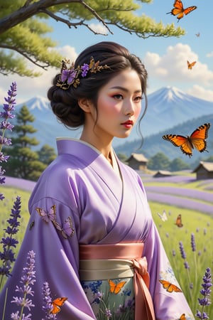 ((Masterpiece), (best quality), (highly detailed)), An japanese American woman, dressed in nature-themed clothing, is standing in the midst of a lavender pasture, surrounded by fluttering butterflies. With her poised and strong stance, she looks into a mirror that reflects a scene opposite to everything in the foreground. The entire composition is highly detailed, capturing the beauty of the woman and the pastoral landscape with great care.